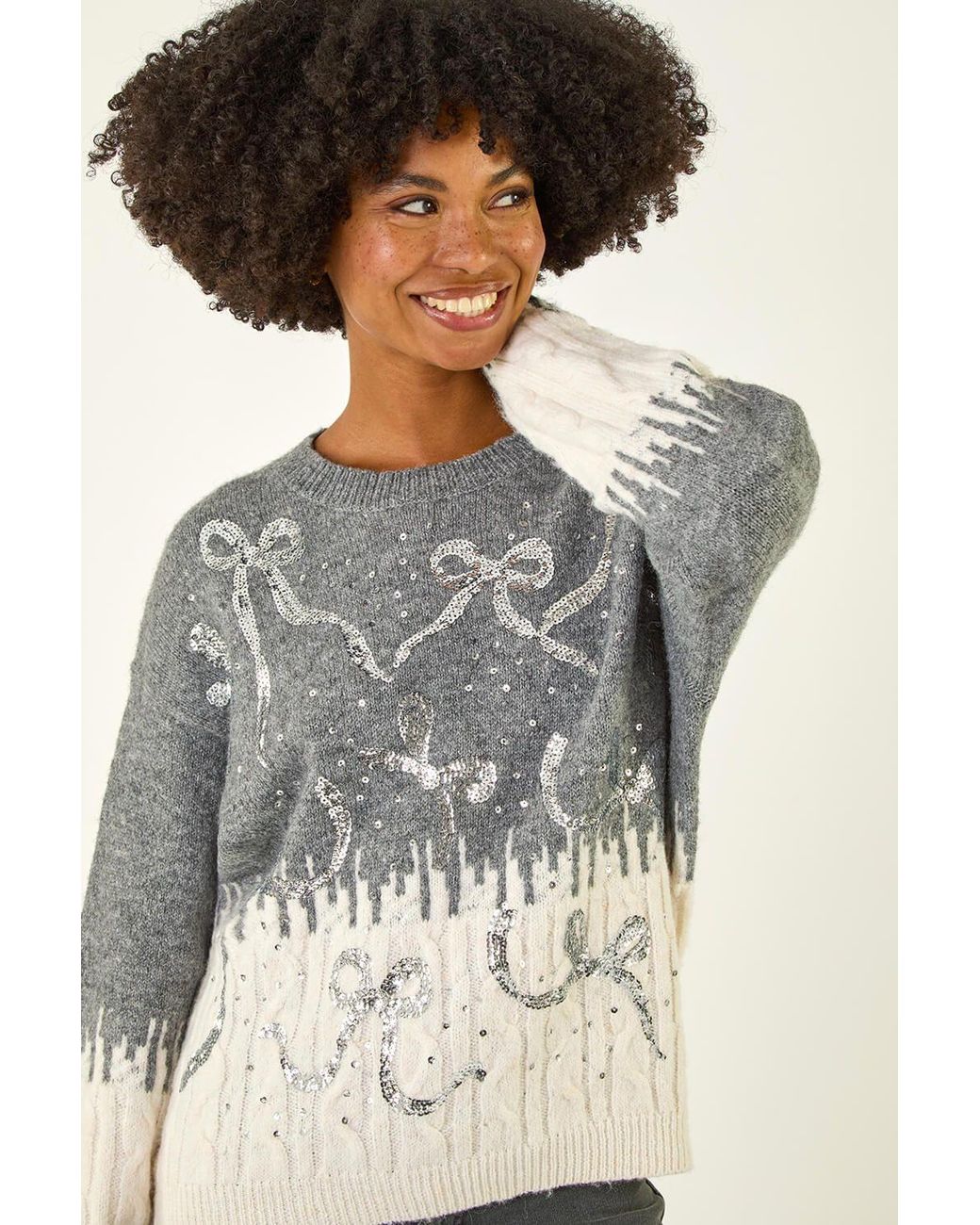 Roman Gray Jacquard Bow Knit Jumper