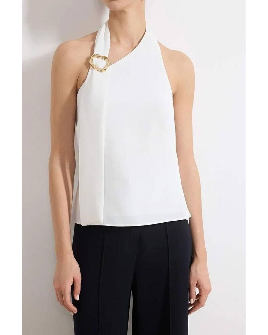 WOVCOR White Asymmetric Halterneck Woven Top With Buckle Detail