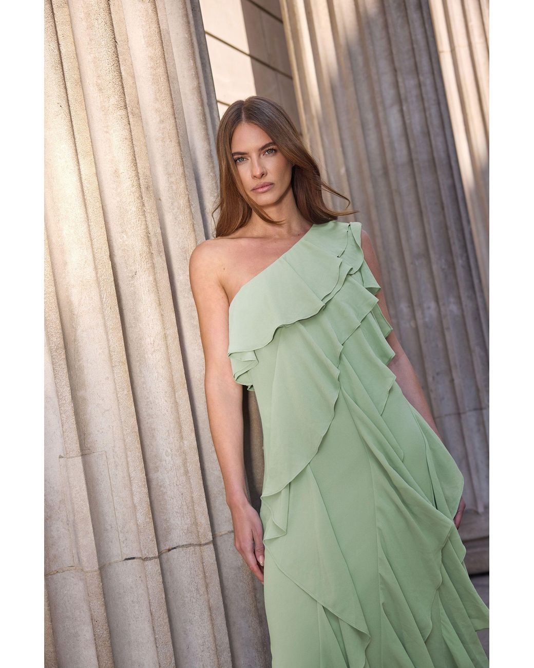 Star by Julien MacDonald Gray One Shoulder Ruffle Tiered Dress