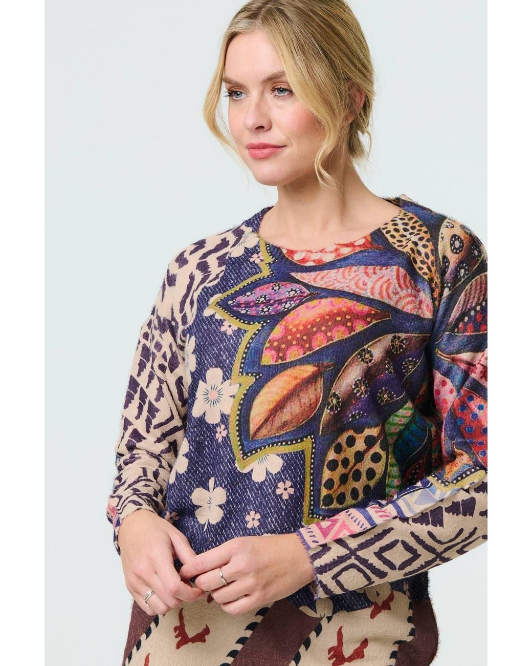 Izabel London Red Leaf Print Drop Shoulder Jumper
