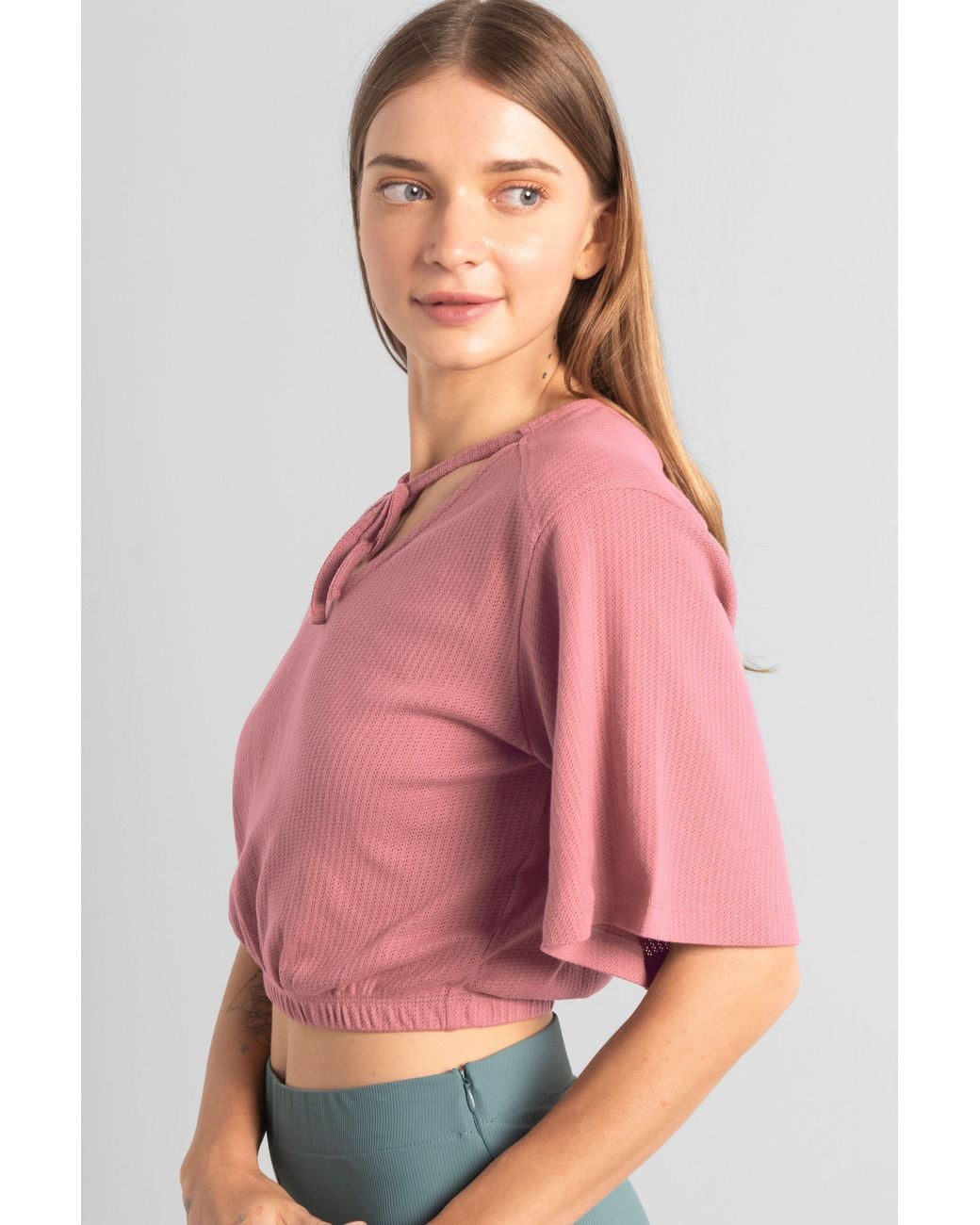 Enorsia Pink Knot Details V-Neck Bell Sleeve Top
