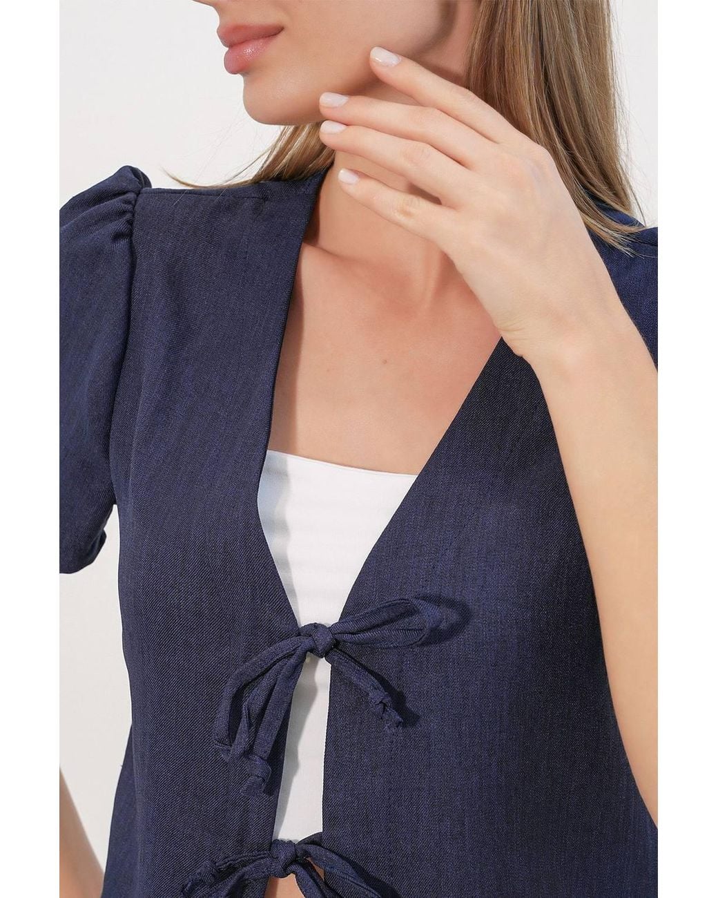 Bigdart Blue Textured V-Neck Linen Blend Crop Top