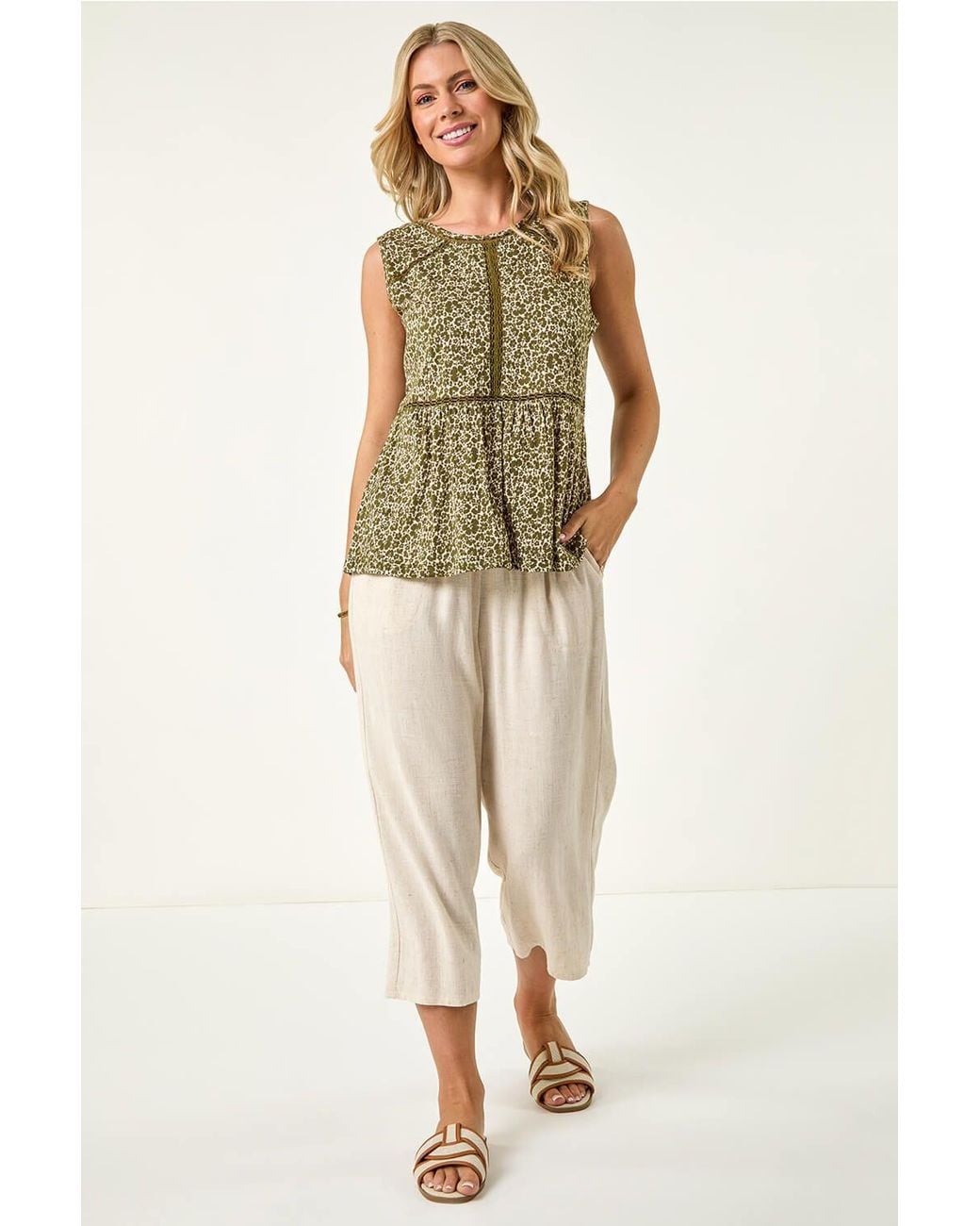 Roman Green Petite Floral Print Trim Vest Top