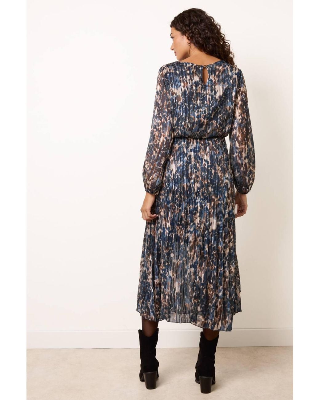 Blue Vanilla Blue Elasticated Waist Long Sleeve Round Neck Midi Dress