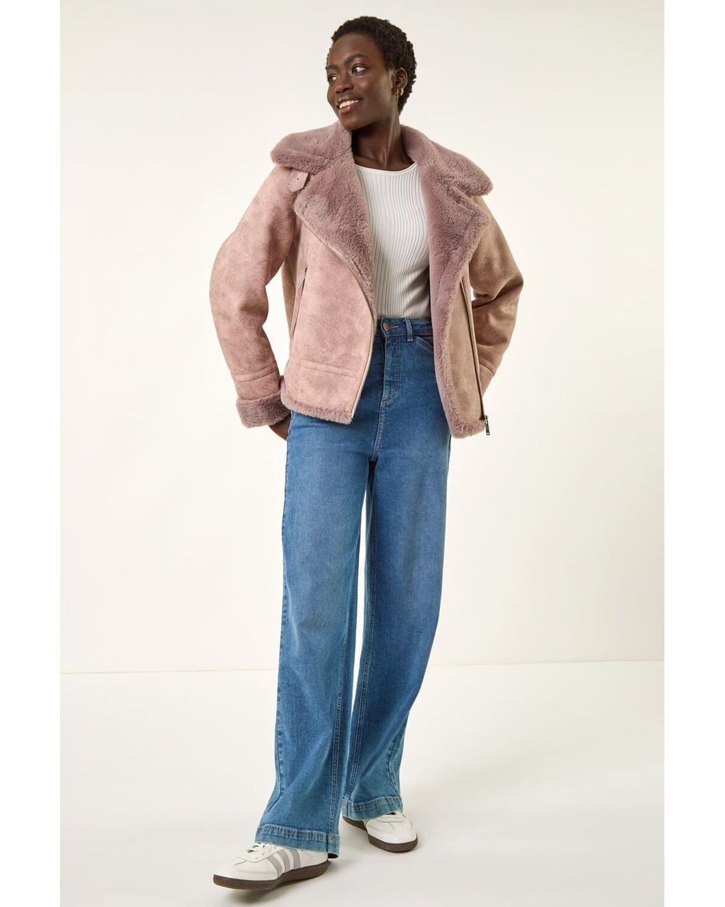 Roman Pink Contrast Aviator Fur Coat