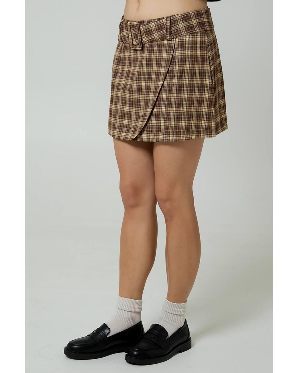 Neon Rose Brown Plaid Check A-Line Wrap Front Mini Skirt