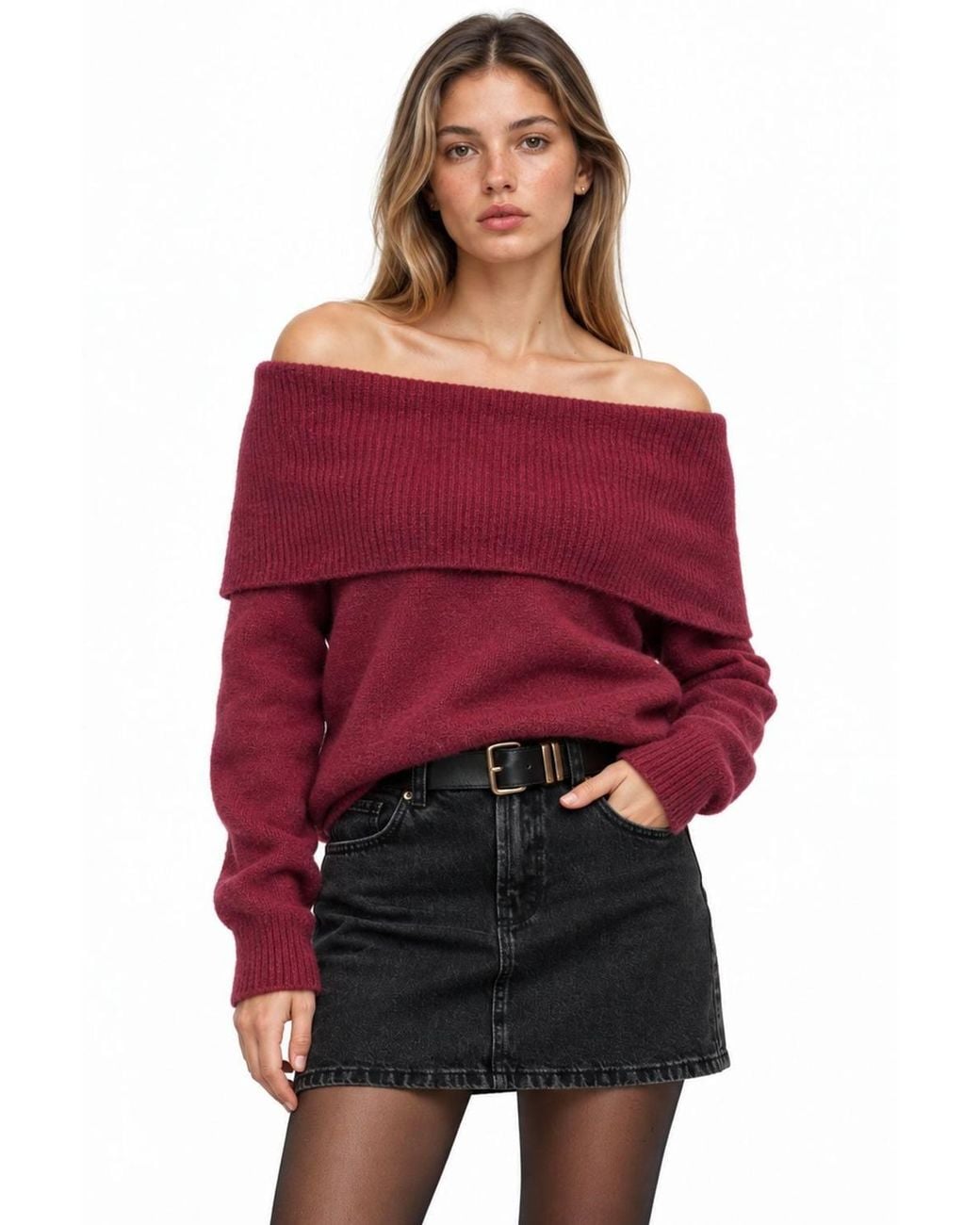 MixRay Red Oversized Ribbed Knitwear Blouse With Madonna Collar