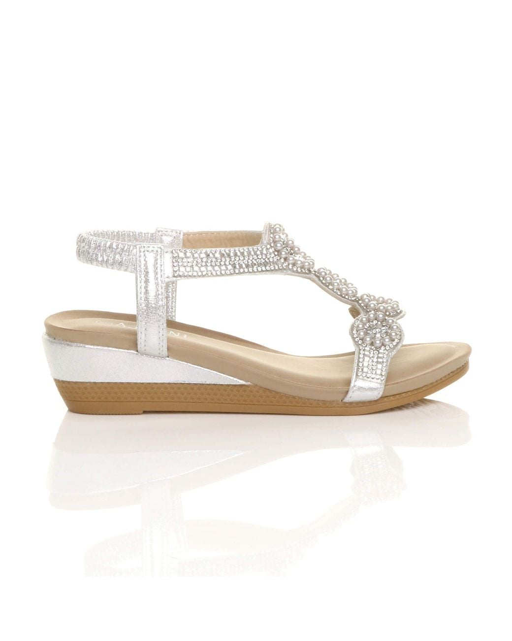 AJVANI White Mid Wedge Heel Diamante Slingback Sandals Wedges