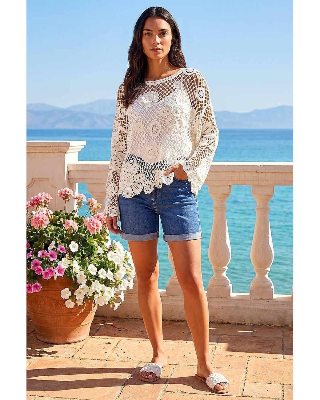 Roman Blue Floral Open Crochet Knit Tunic