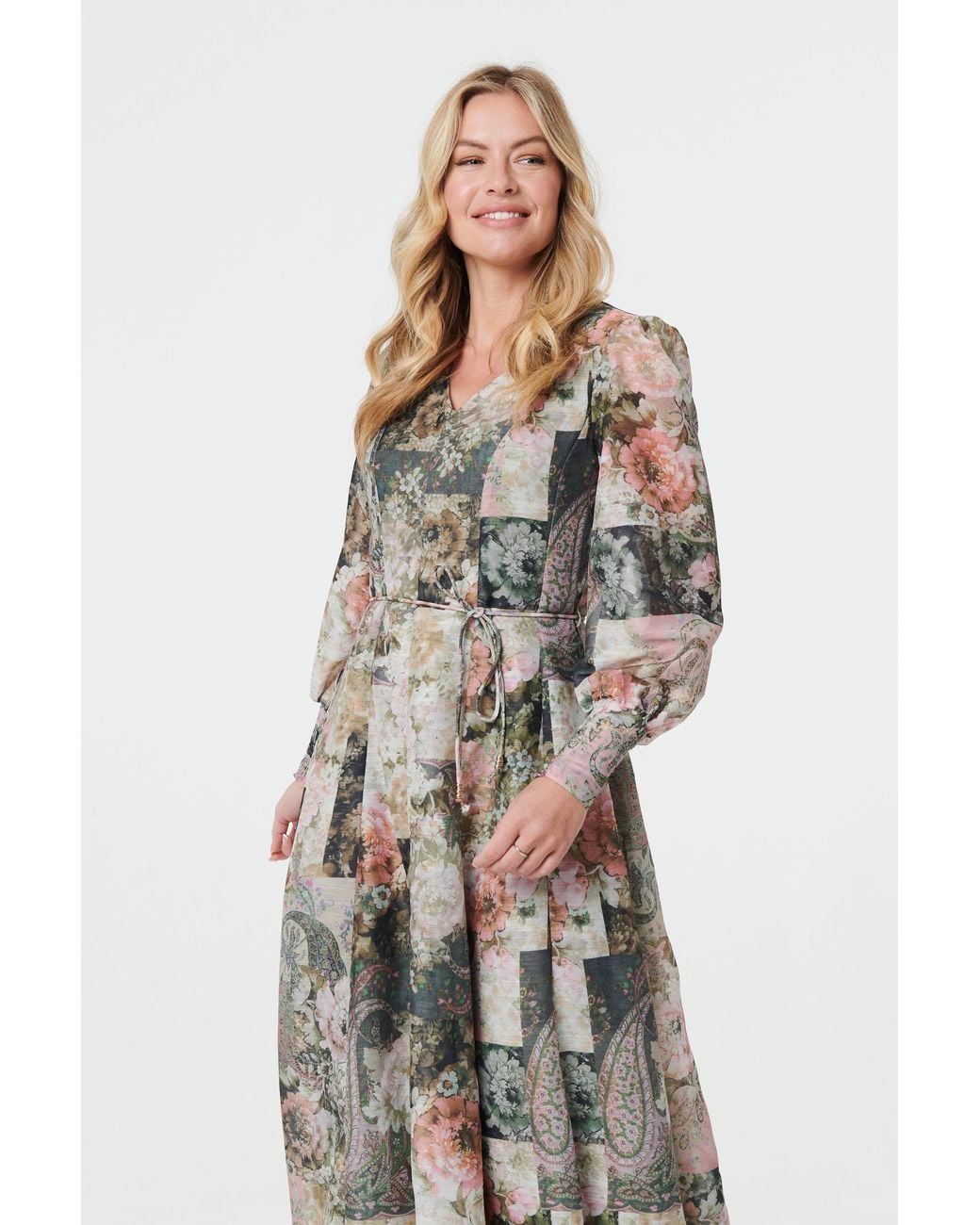 Izabel London Green Patchwork Print Tie Waist Midi Dress