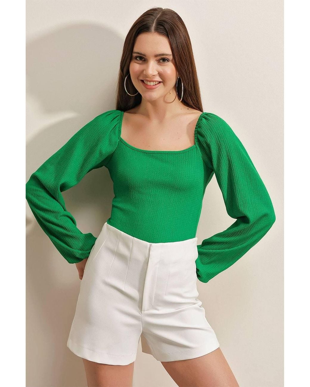 Bigdart Green Fitted Textured Blouse With Square Collar & Ruffle Detail