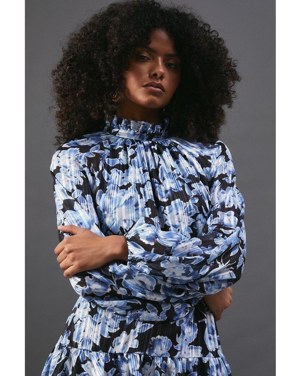 Warehouse Blue Shadow Stripe High Neck Tie Back Mini Dress