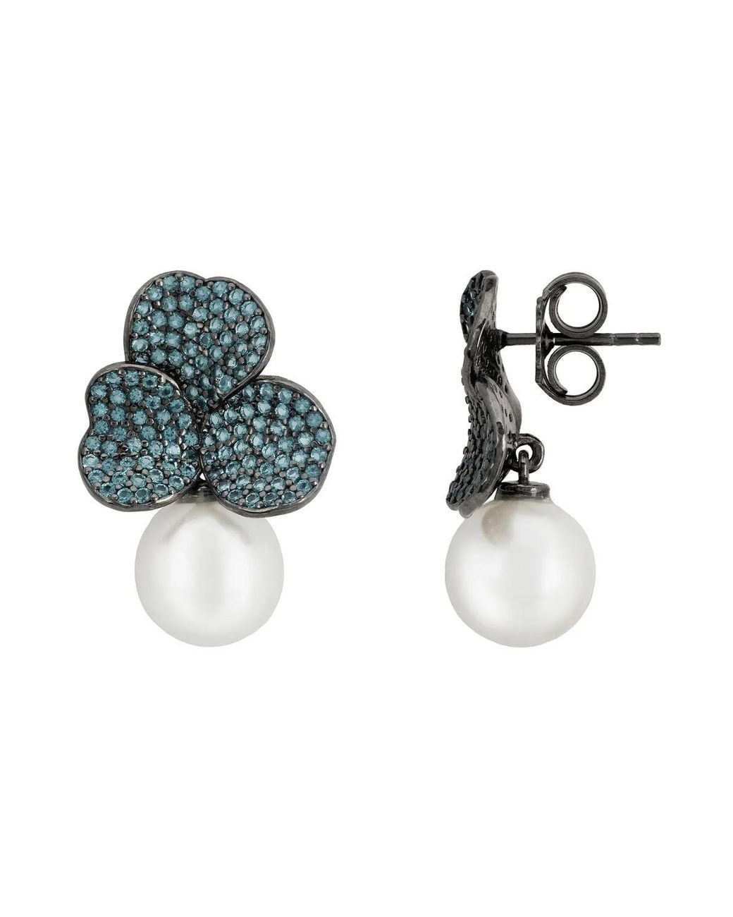 Latelita London Green Iris Flower & Pearl Dangle Earrings Aqua