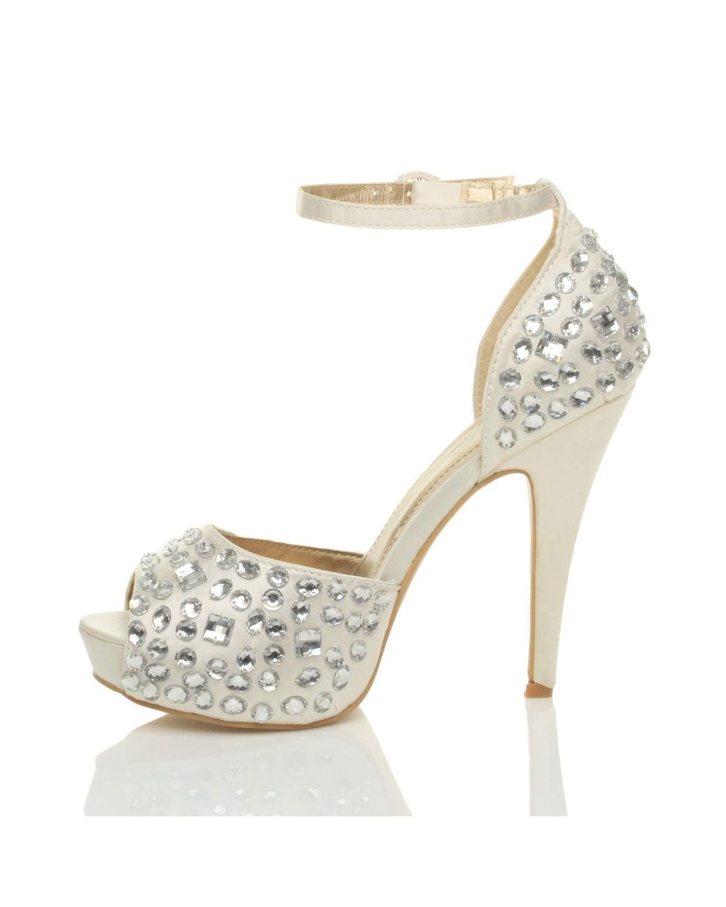 AJVANI Metallic High Heel Gem Ankle Strap Peep Toe Satin 2 Part Heels