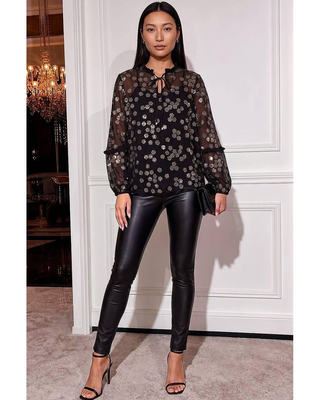 Roman Black Floral Sequin Tie Neck Top