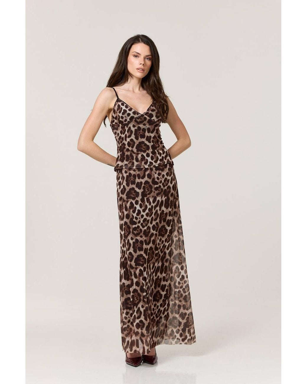 Liquorish Natural Leopard Print Mesh Cami & Maxi Skirt Set