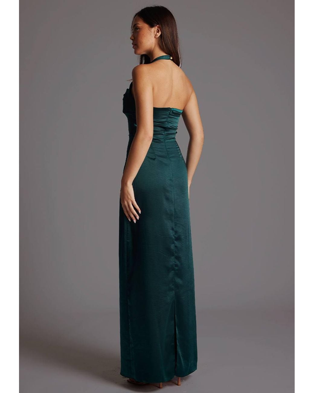 Vesper Blue Draped Bust Satin Halterneck Maxi Dress