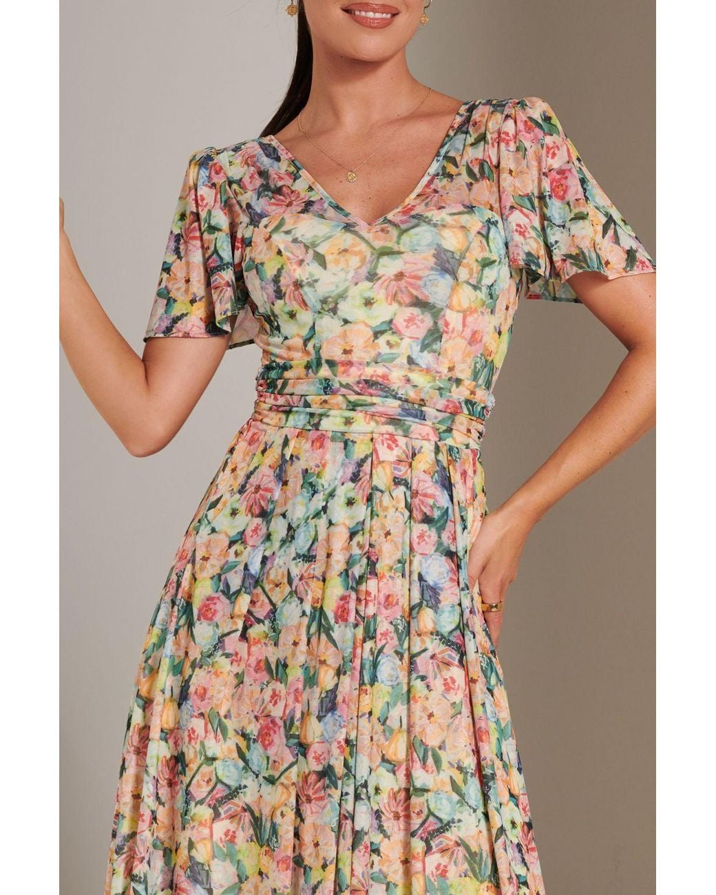 Jolie Moi Natural Bianca V-Neck Pleated Mesh Maxi Dress