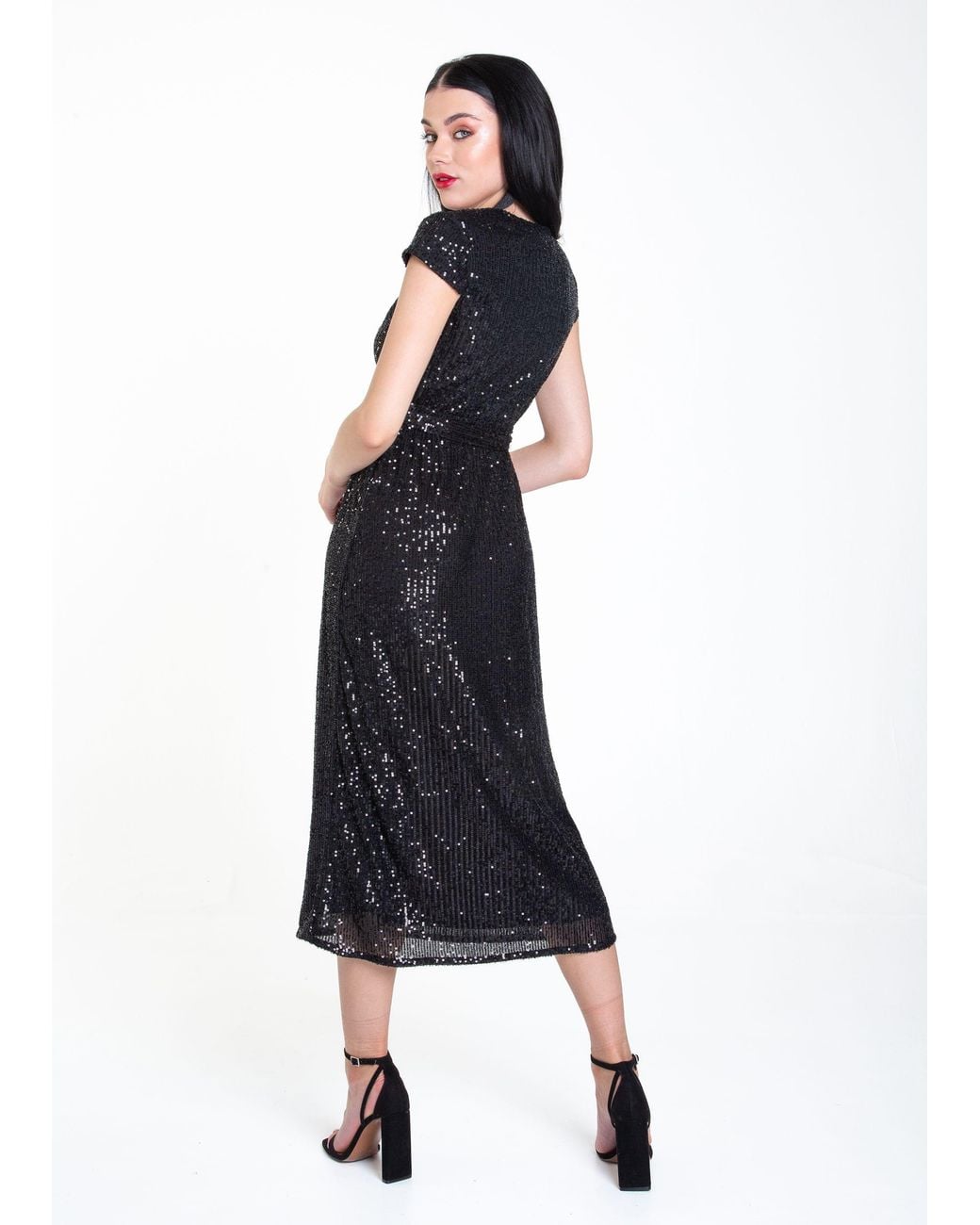 Gini London Blue Sequin Belted Midi Wrap Dress
