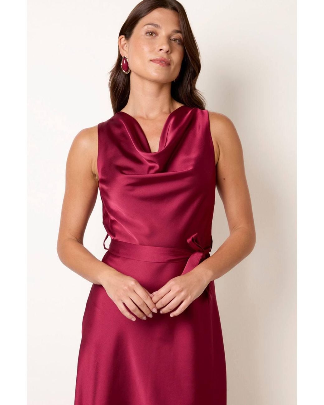 Blue Vanilla Red Sleeveless Belted Cowl Neck Maxi Dress