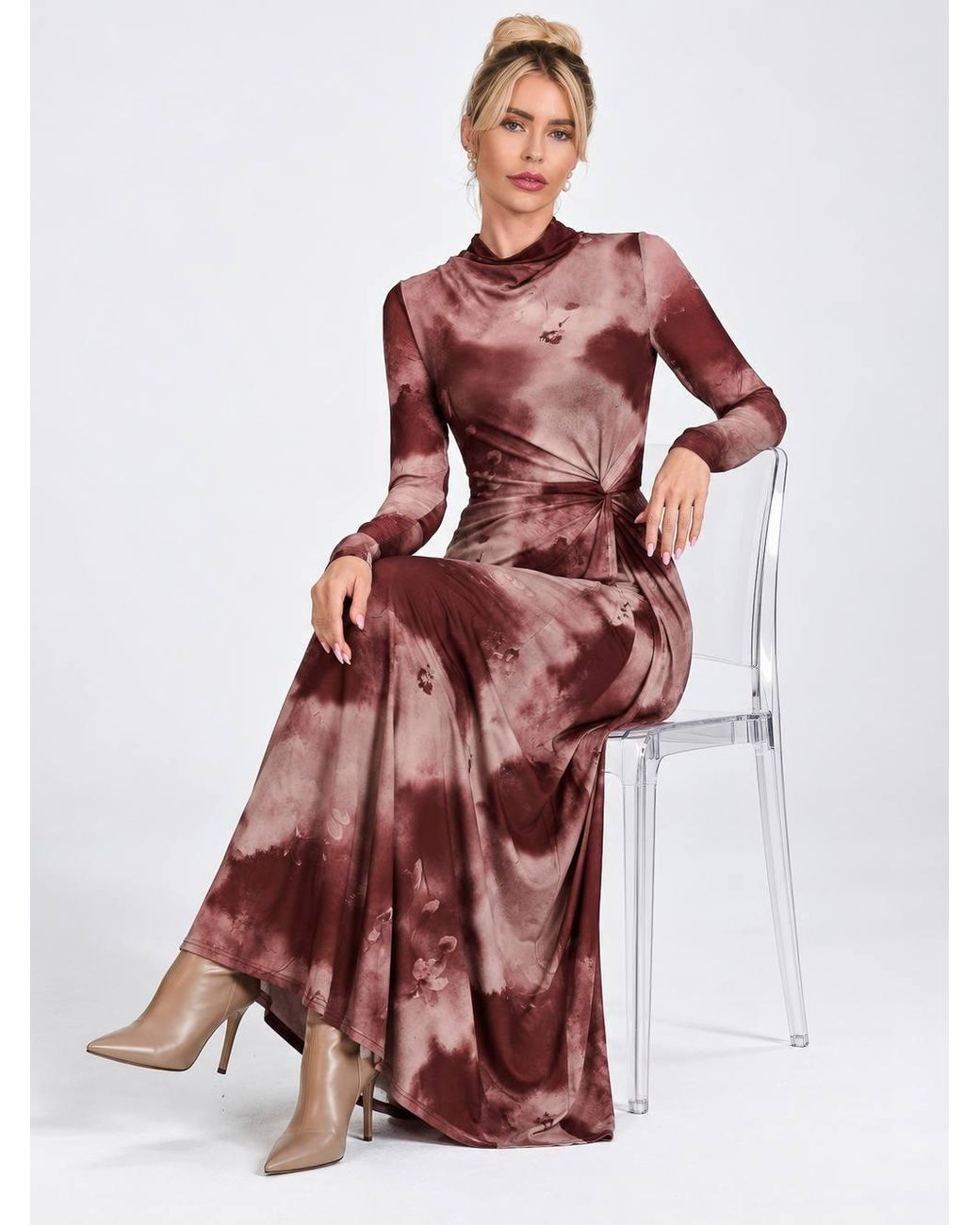 Jolie Moi Red High Neck Long Sleeve Mesh Maxi Dress