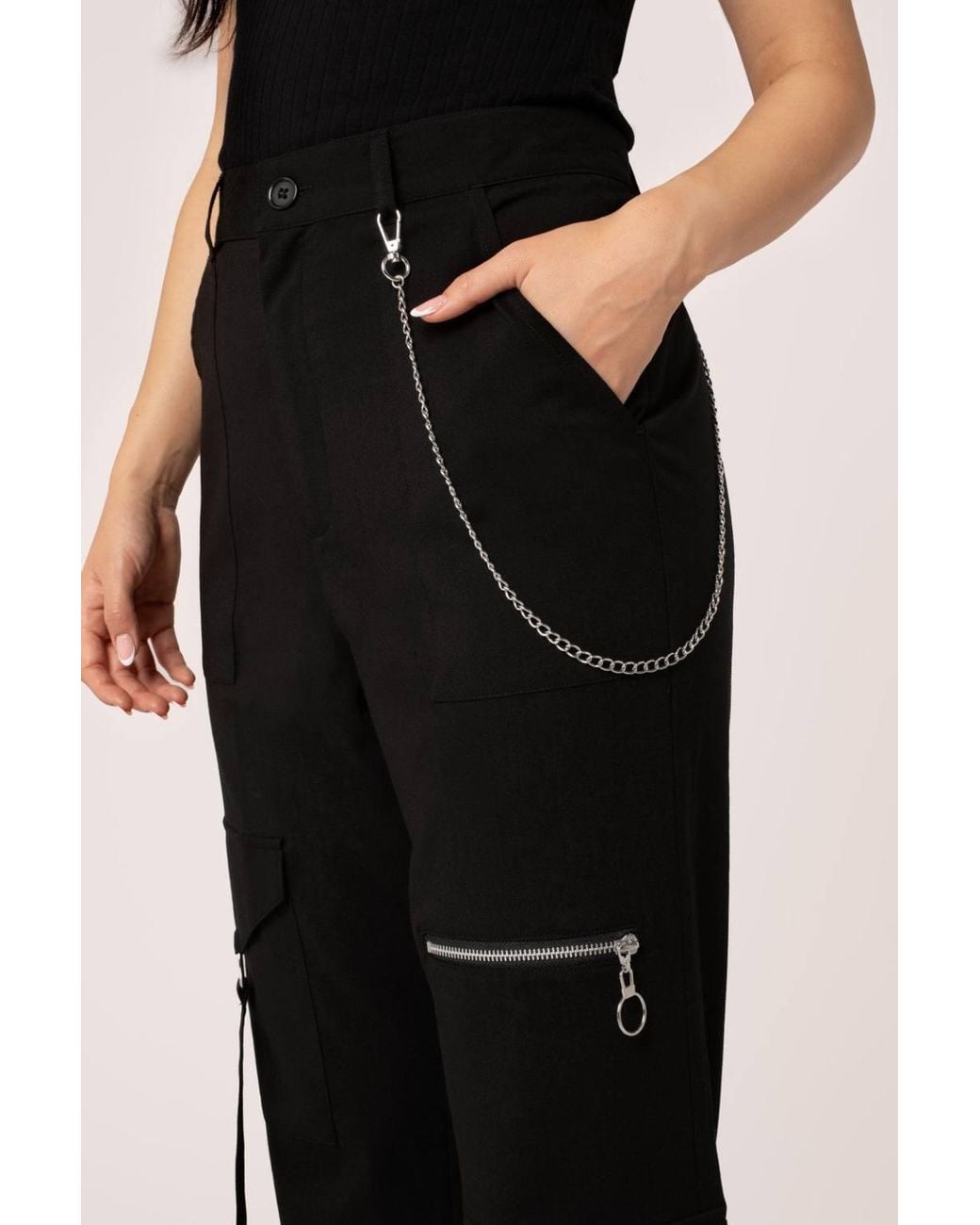 Hell Bunny Black Mallory Cropped Straight Leg Trousers Chain & Pocket Detail