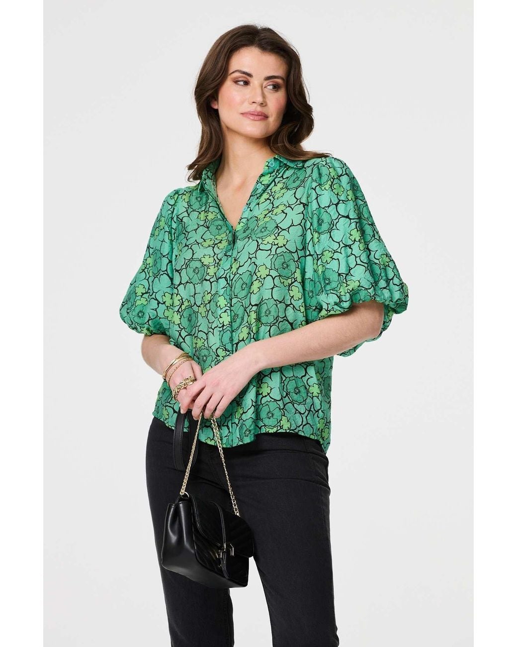 Izabel London Green Leaf Print 1/2 Puff Sleeve Blouse
