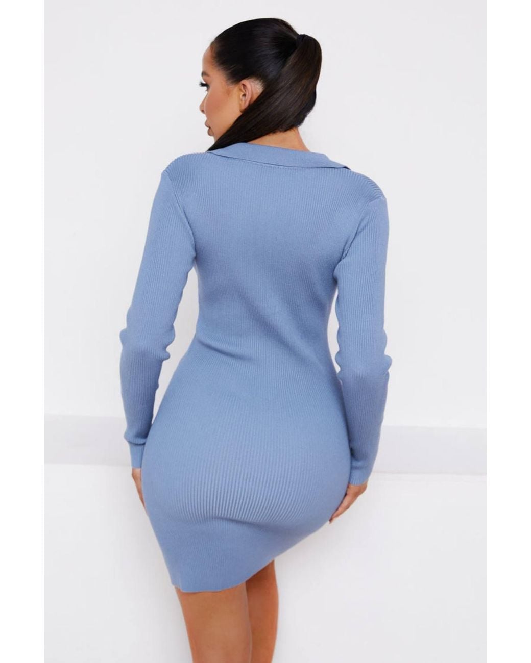 Femme Luxe Blue Ribbed Long Sleeve Button Up Bodycon Mini Dress