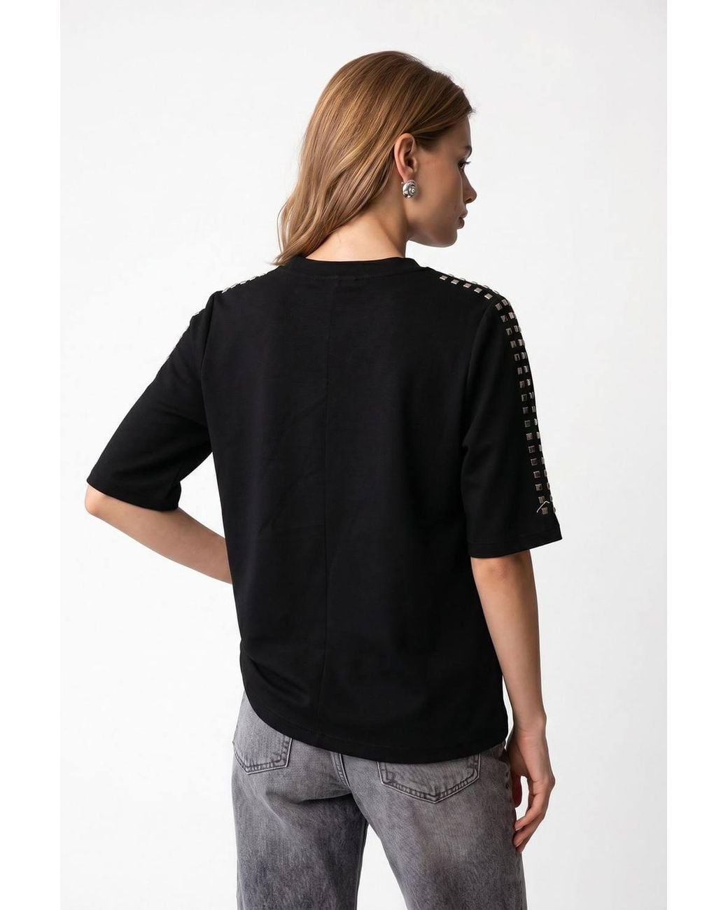 MixRay Black Crew Neck Stone Blouse