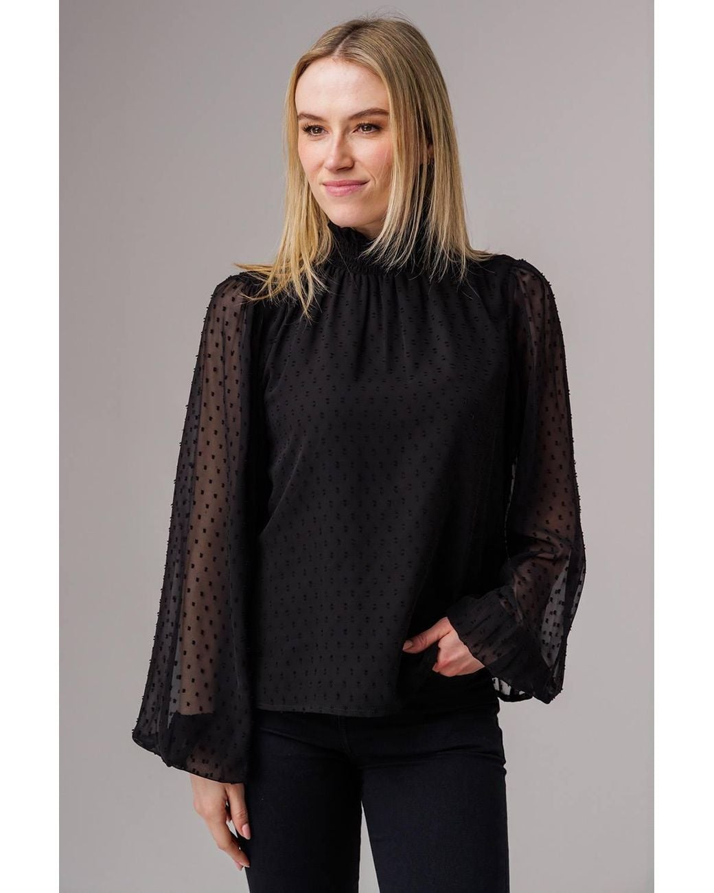 Influence Black Textured High Neck Smock Long Sleeve Blouse