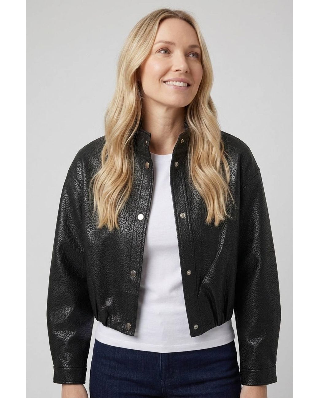 Izabel London Blue Faux Leather High Neck Cropped Jacket