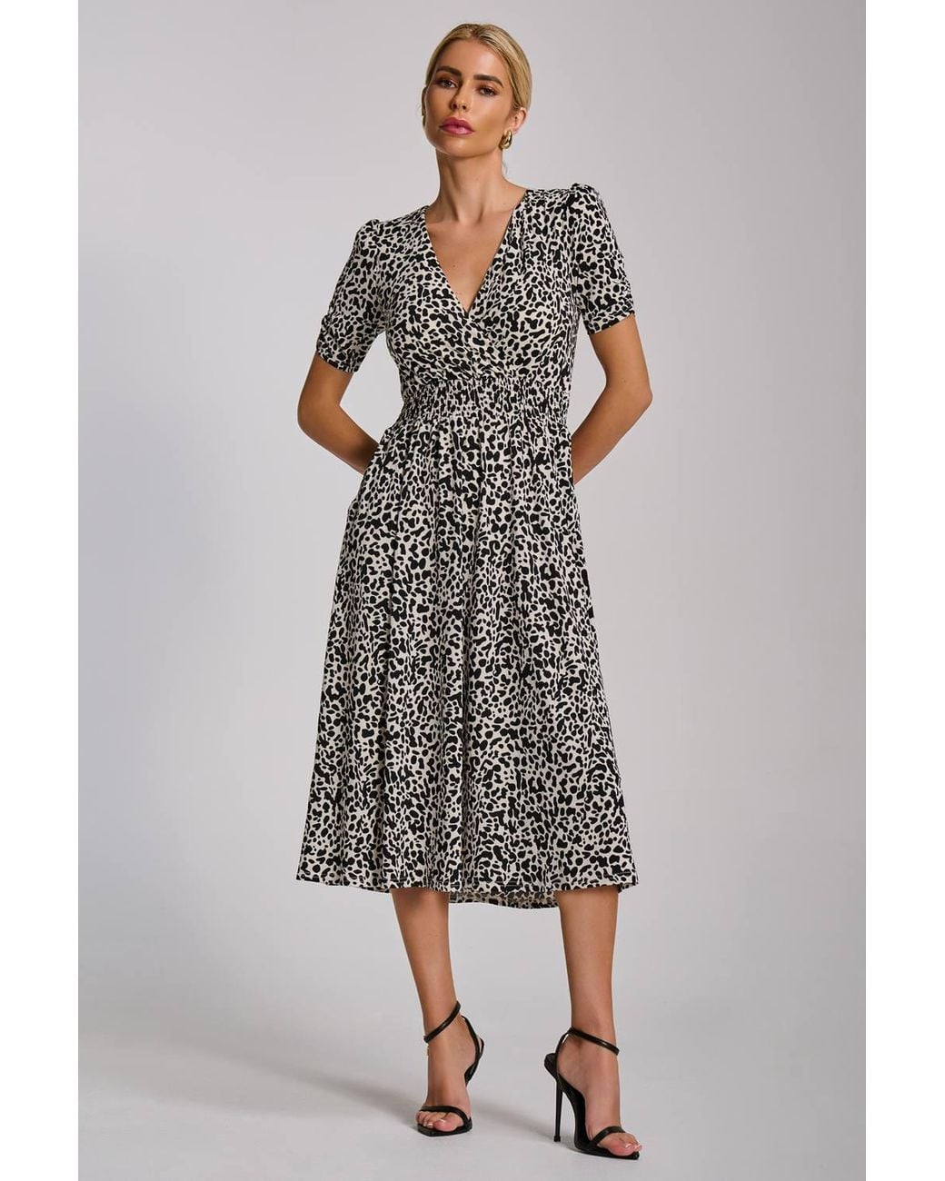 Jolie Moi Gray Short Sleeve Printed Jersey Midi Dress