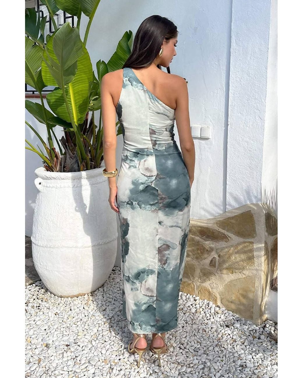 AX Paris Green Duck Egg Marble Print One Shoulder O-Ring Midi Dress