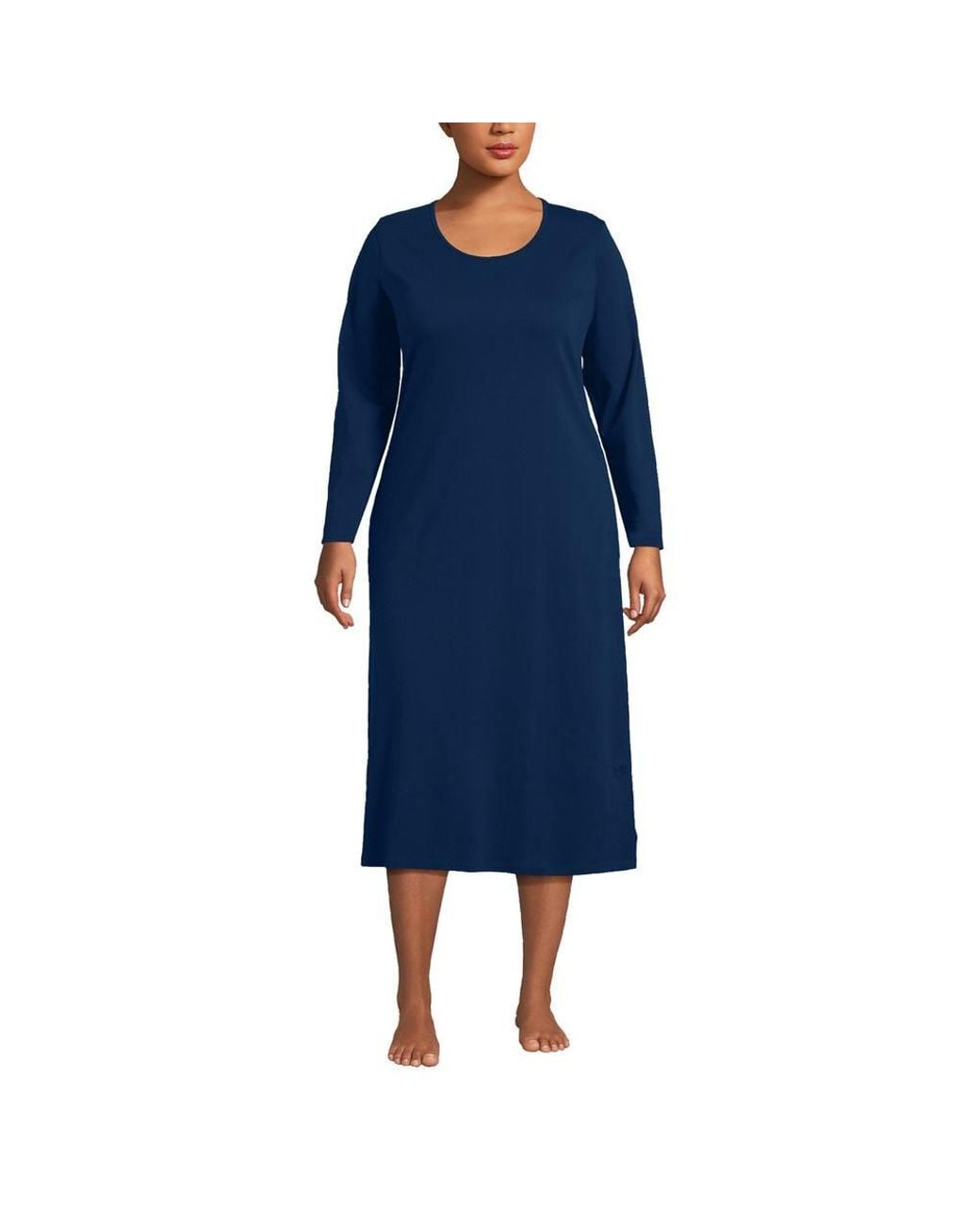 Lands' End Blue Plus Long Sleeve Mid Calf, Pure Cotton Nightdress