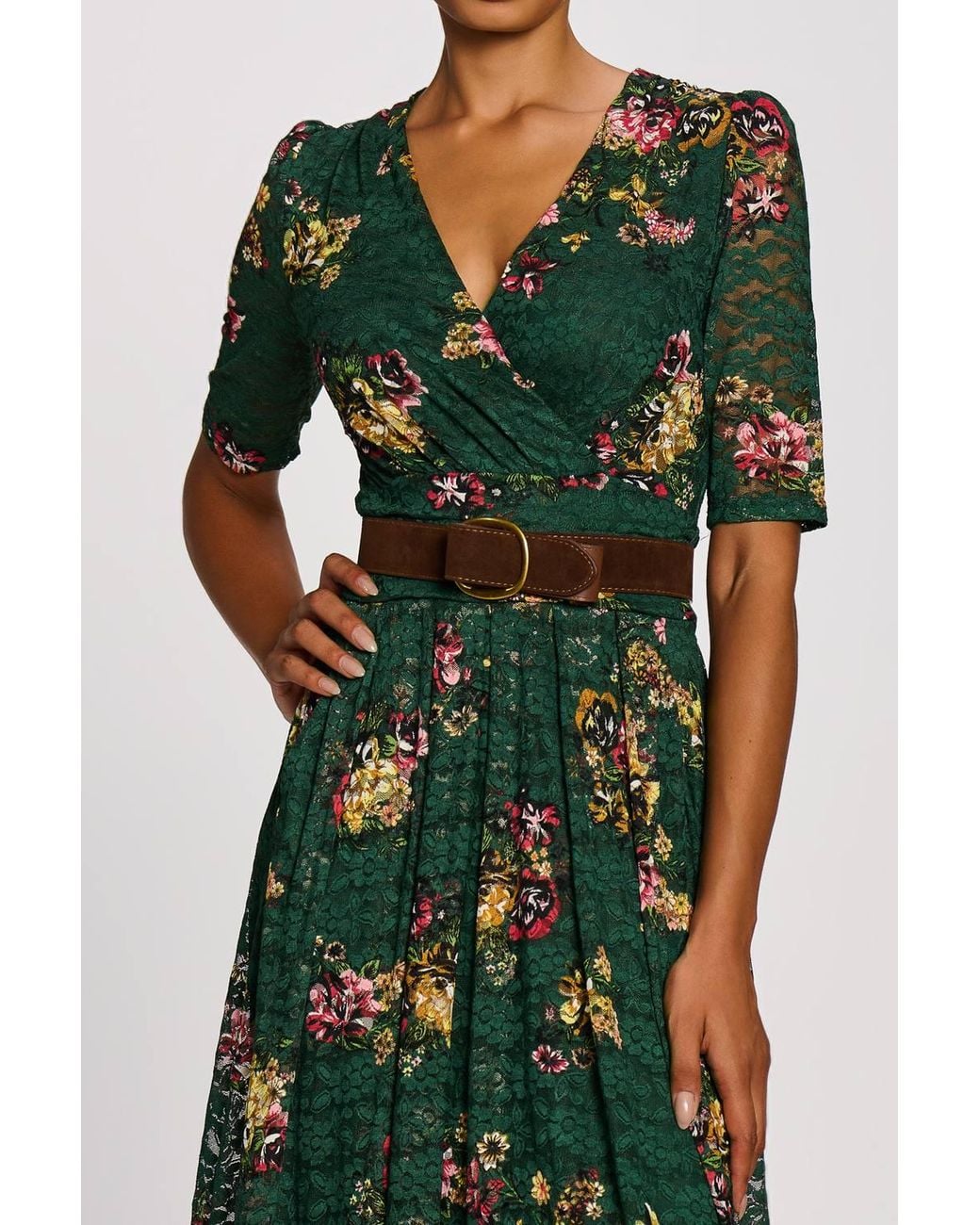 Jolie Moi Green Half Sleeve Print Lace Maxi Dress