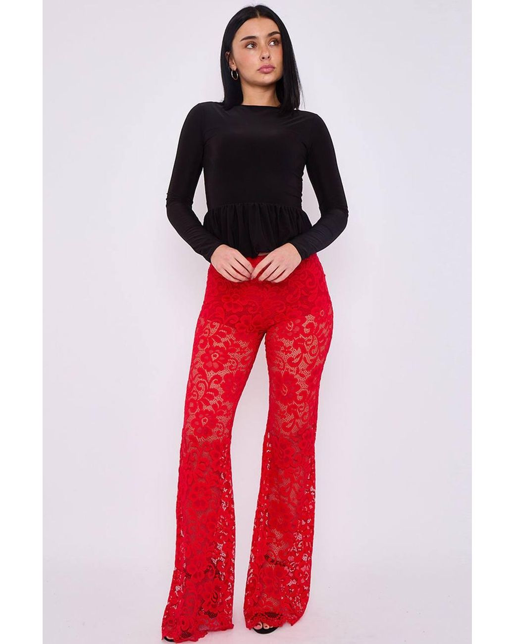 Stylewise Lace Detail High Waist Flared Trousers