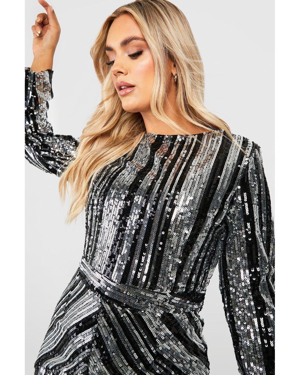 Boohoo Plus Stripe Sequin Midi Dress in Black Lyst UK