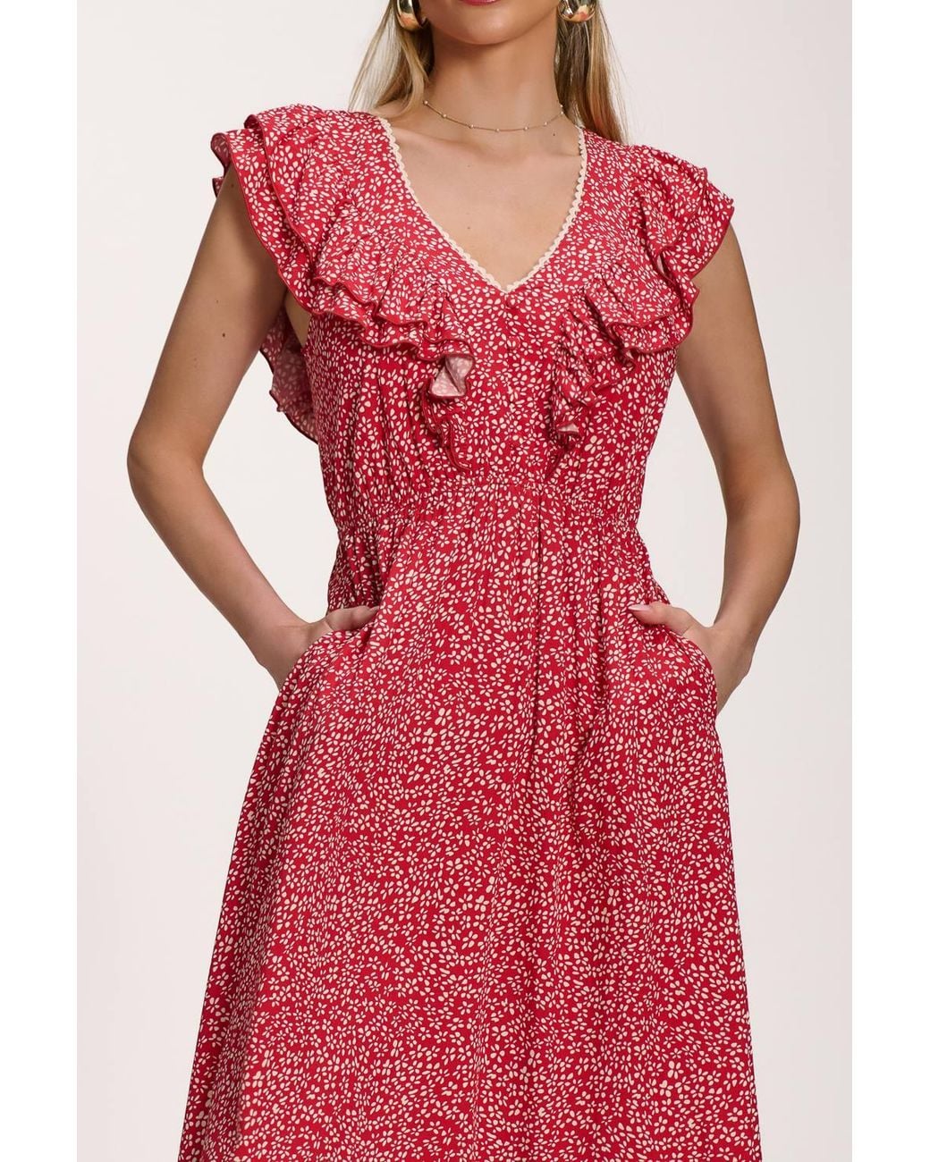 Jolie Moi Red Ruffle V-Neck Viscose Midi Dress