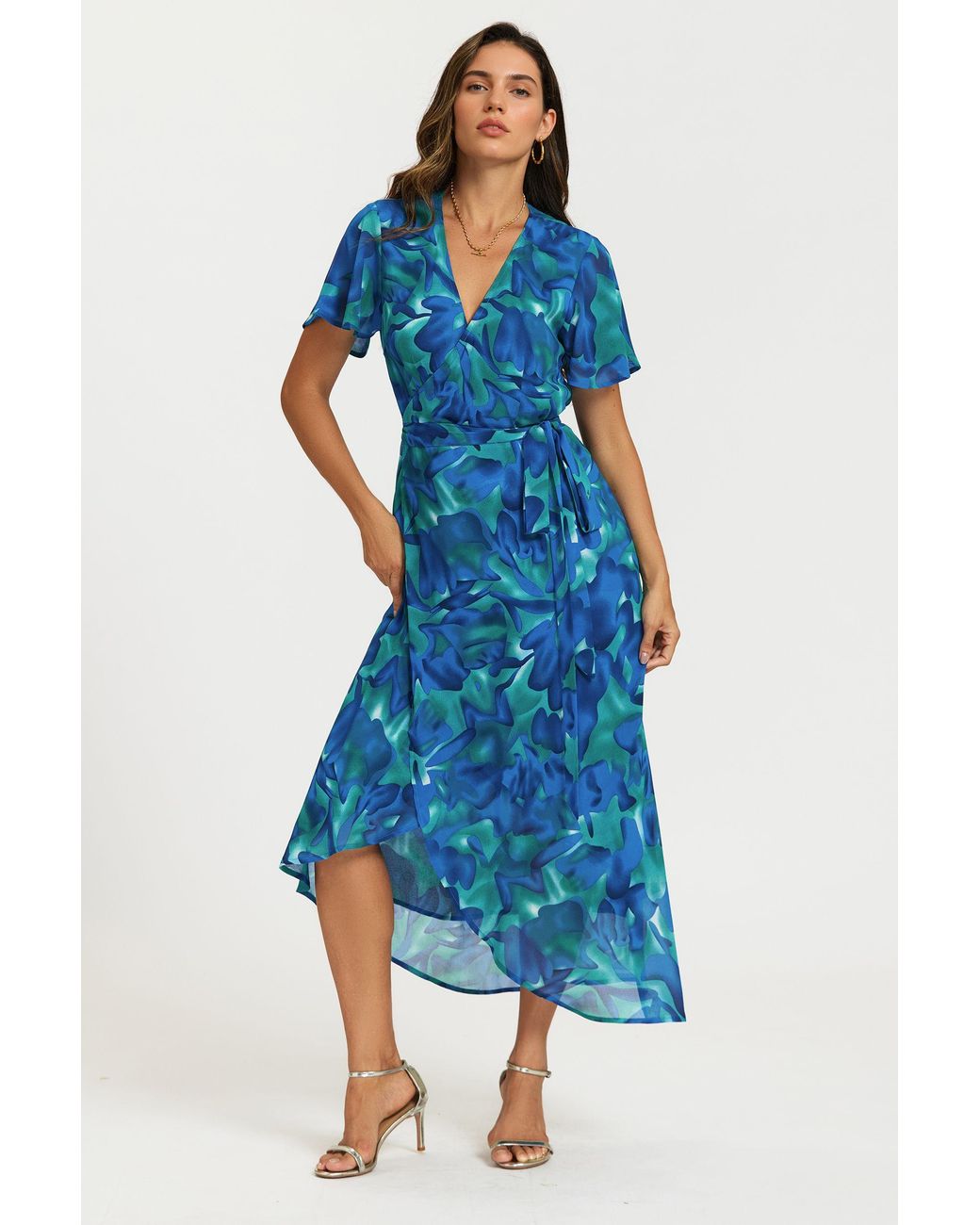 FS Collection Blue Abstract Floral Print Wrap Maxi Dress