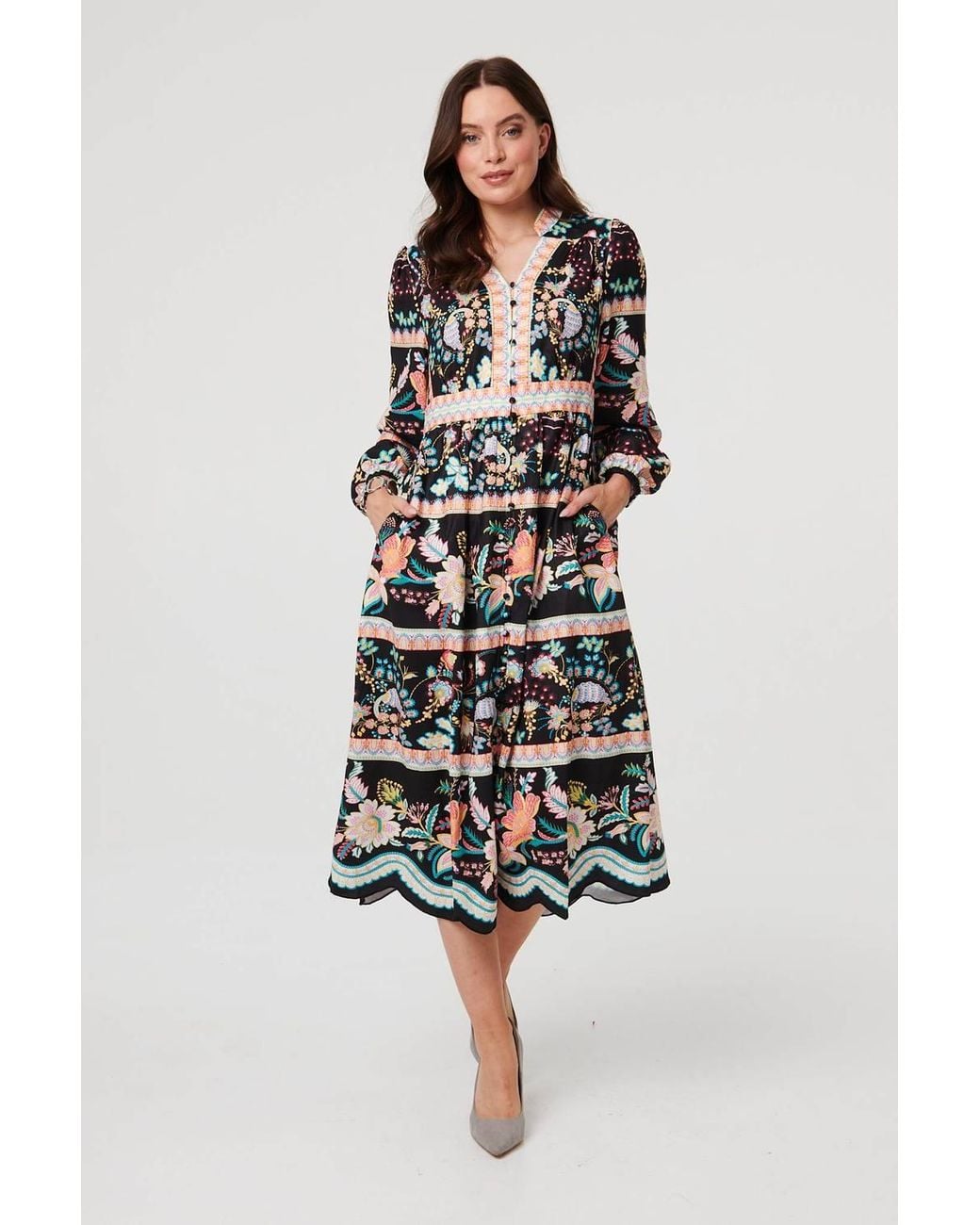 Izabel London White Floral Long Sleeve Buttoned Midi Dress