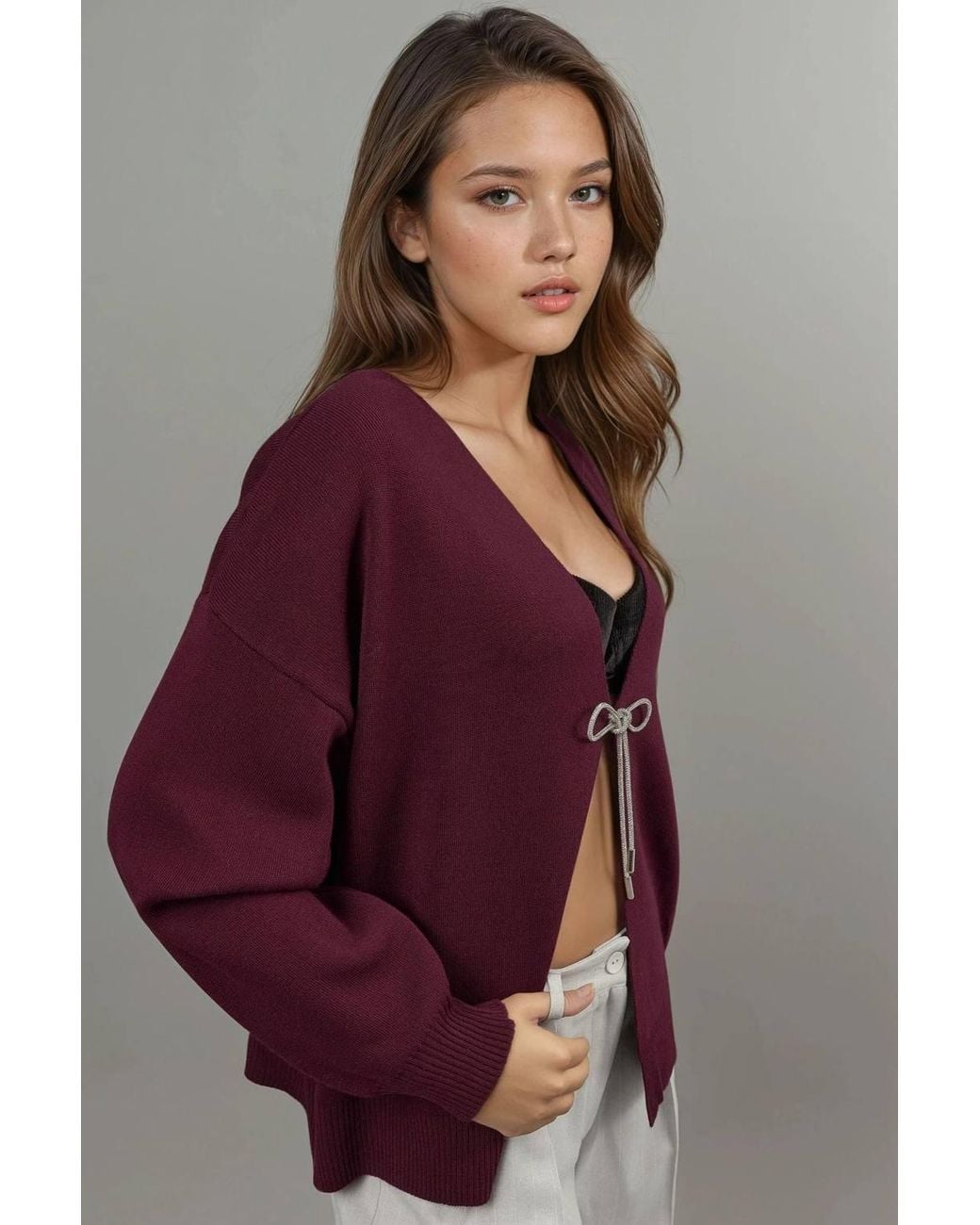 Hiccup Purple V-Neck Knitwear Cardigan With Bow Detail