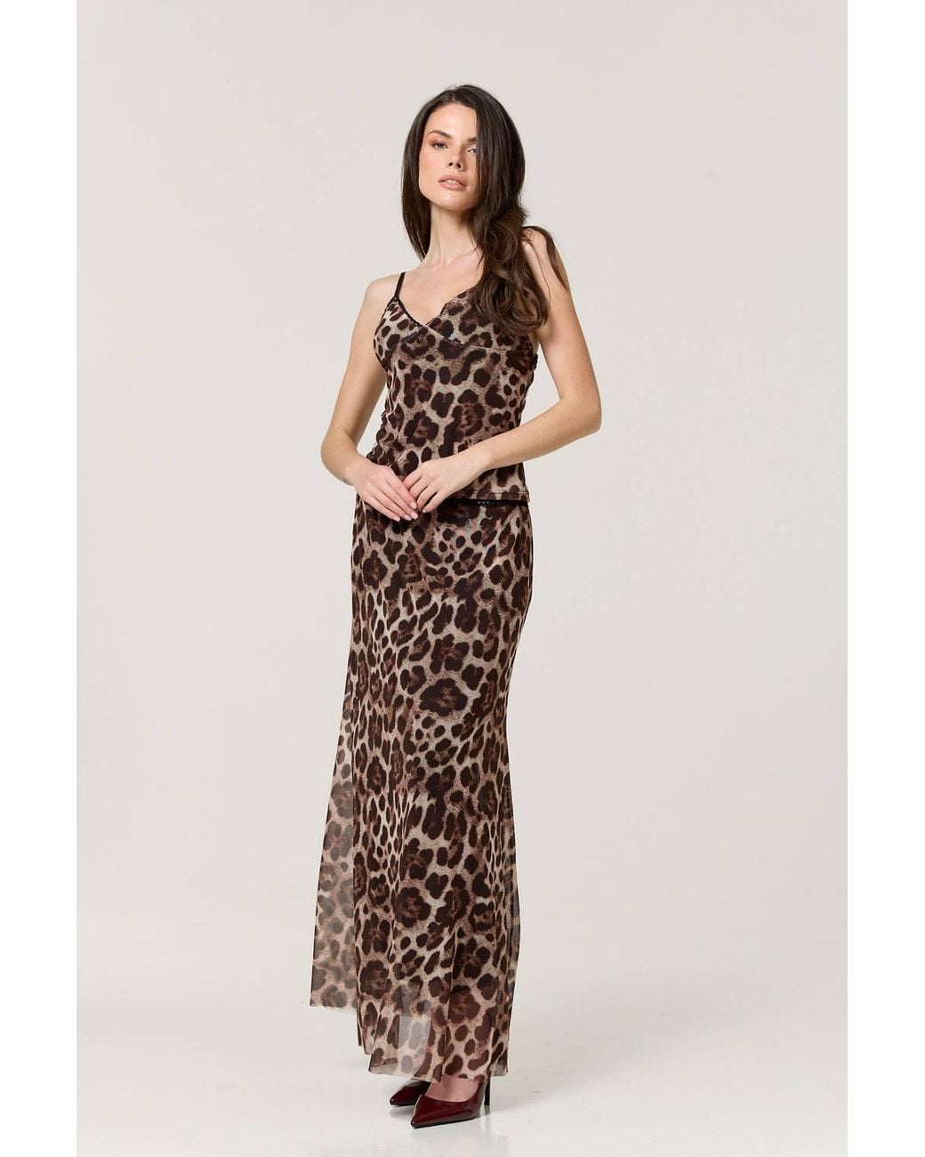 Liquorish Natural Leopard Print Mesh Cami & Maxi Skirt Set