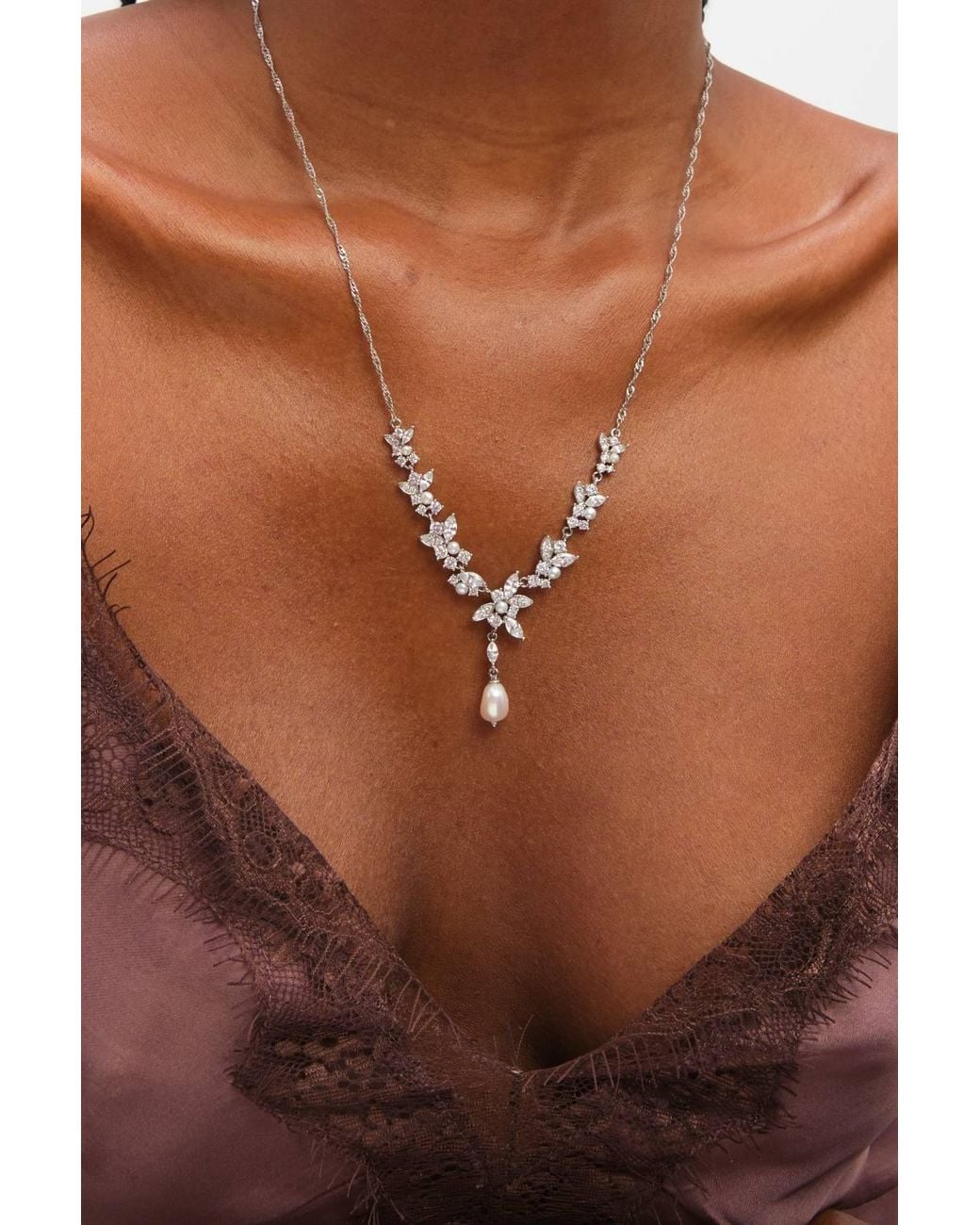 Jon Richard White Rhodium Plated Crystal & Freshweater Pearl Y-Drop Necklace