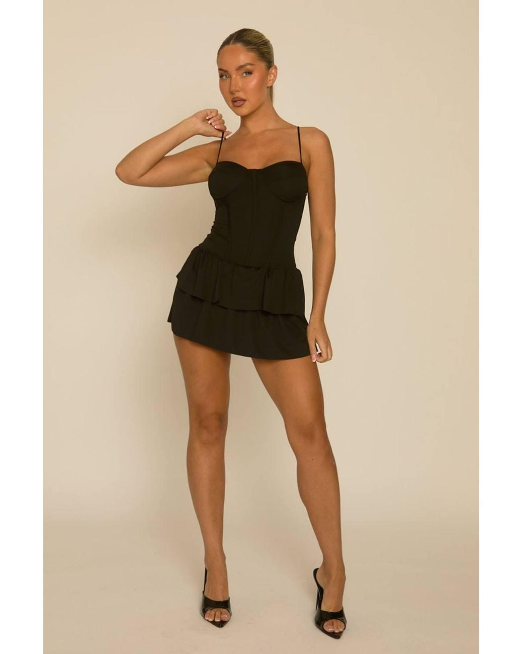 Rebellious Fashion Black Corset Detail Frill Hem Playsuit