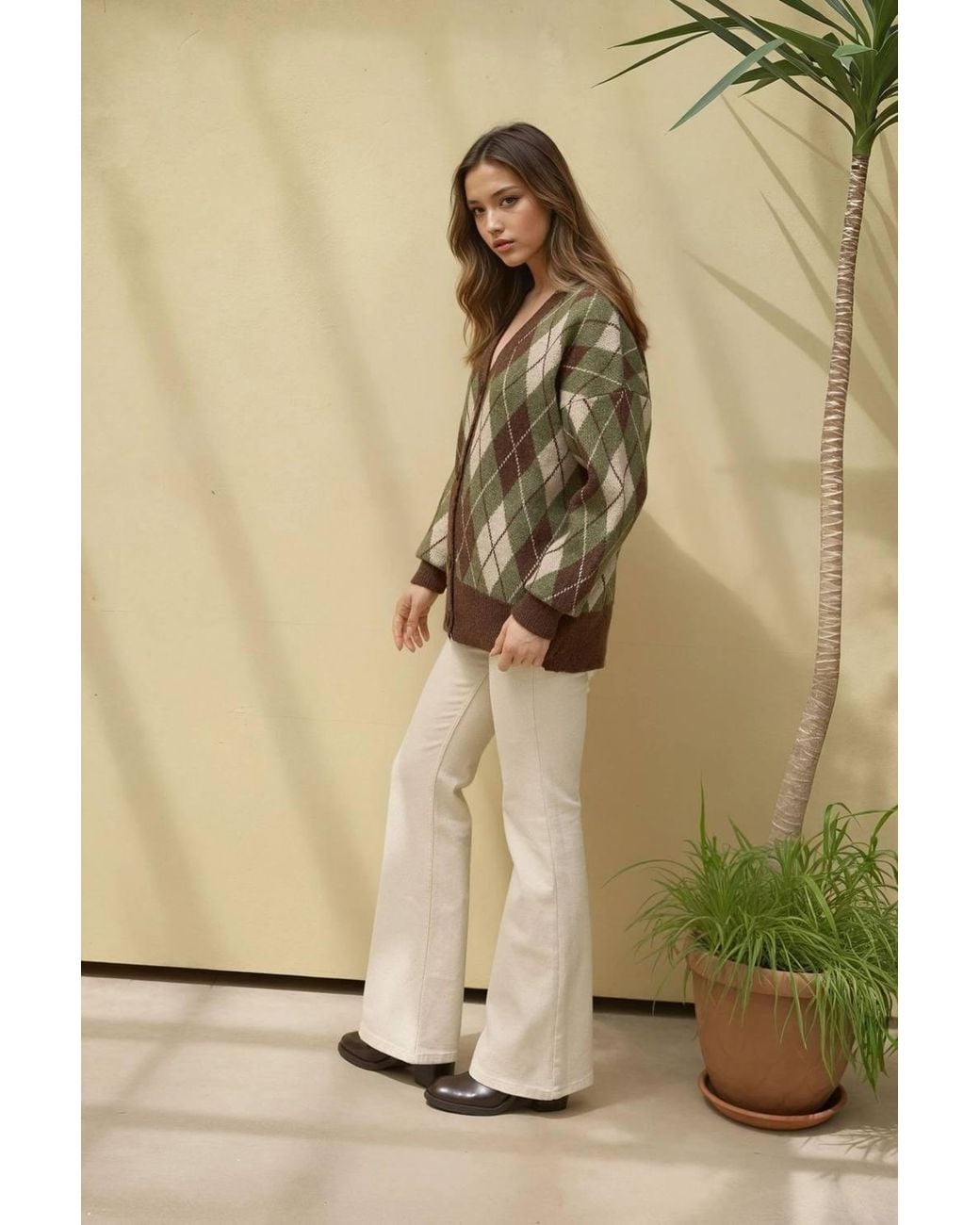 Hiccup Natural Long V-Neck Geometric Knitwear Cardigan With Buttons