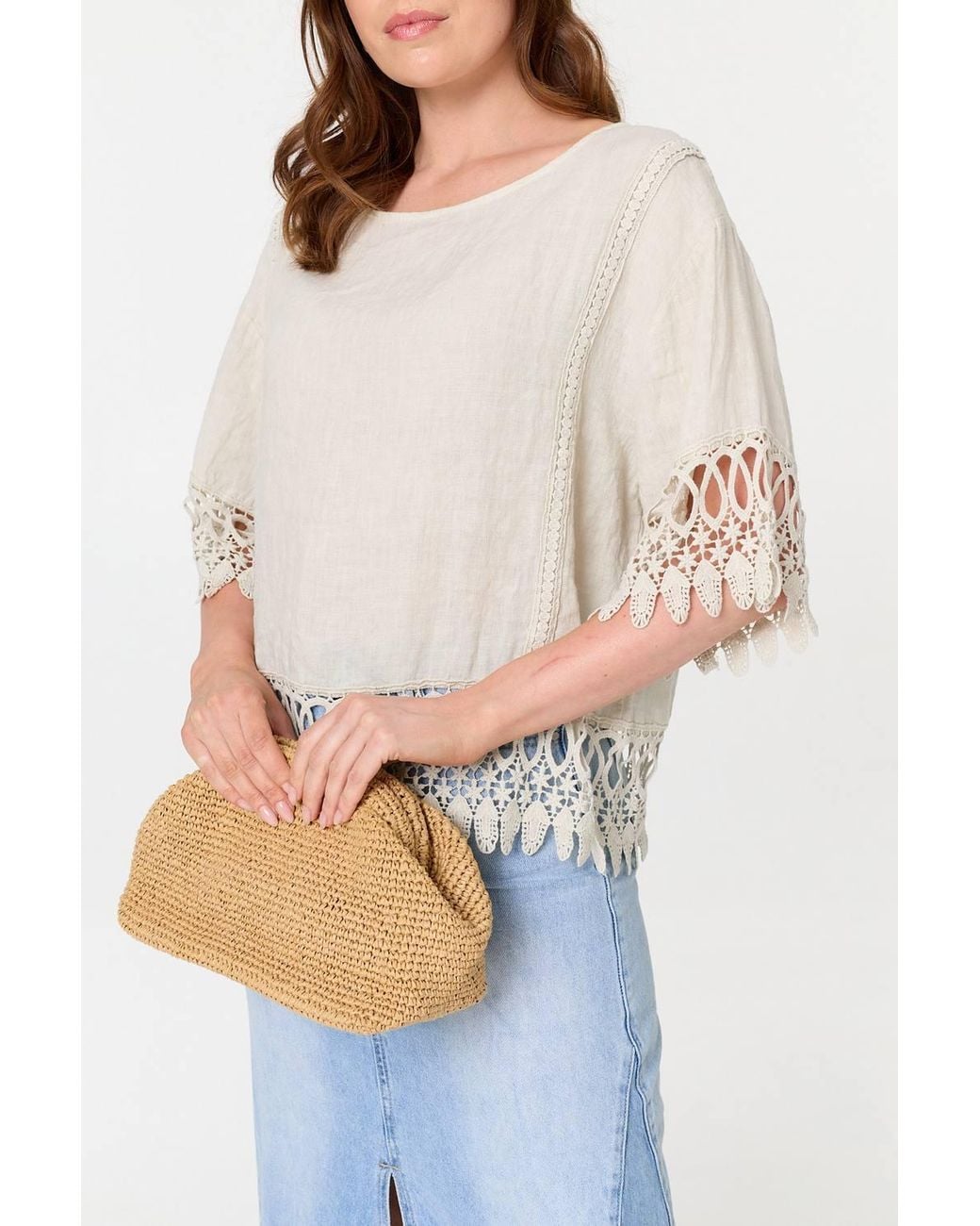 Izabel London White Lace Trim Relaxed 3/4 Sleeve Blouse