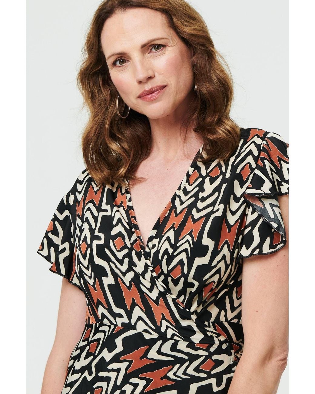 Izabel London White Abstract Frilled Sleeve Wrap Midi Dress