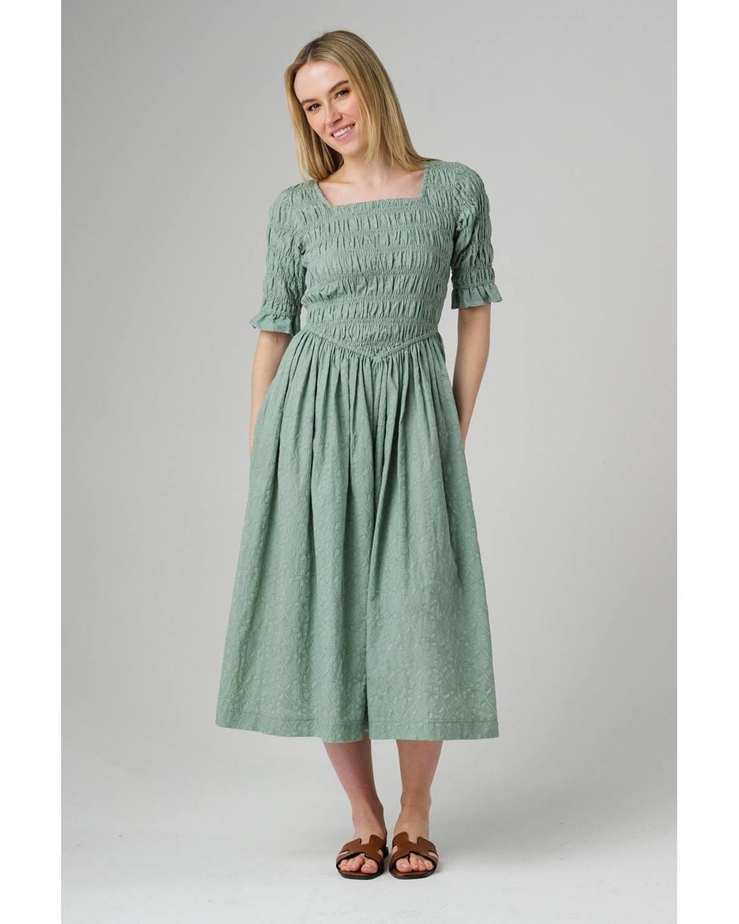 Native Youth Green Cotton Jacquard Shirred Short Sleeve Midi Dress