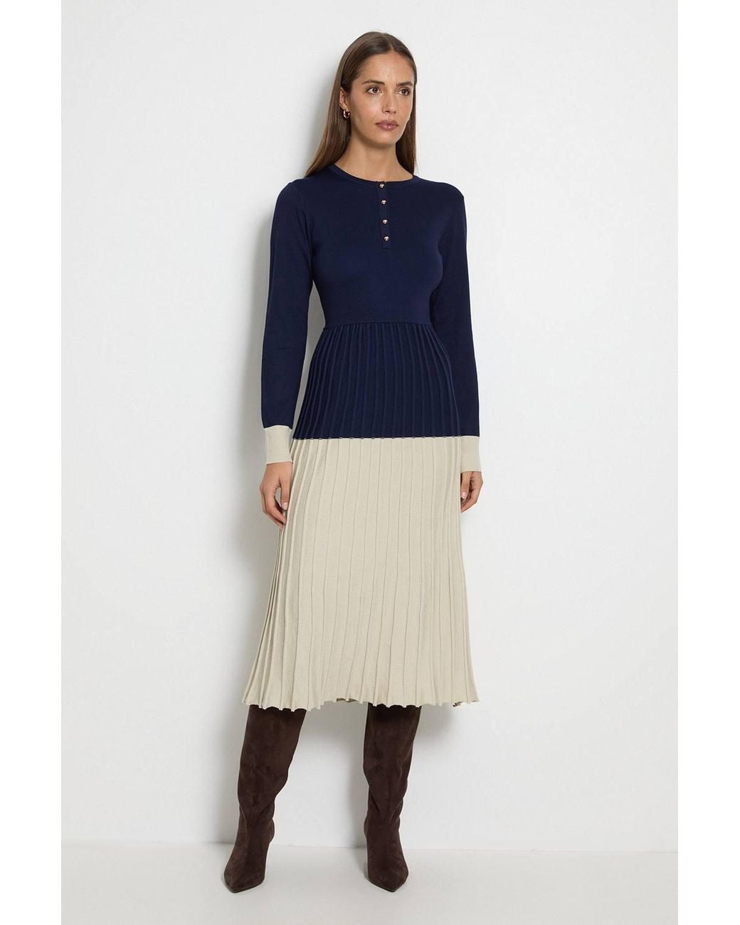 Wallis Blue Colourblock Pleated Knitted Midi Dress