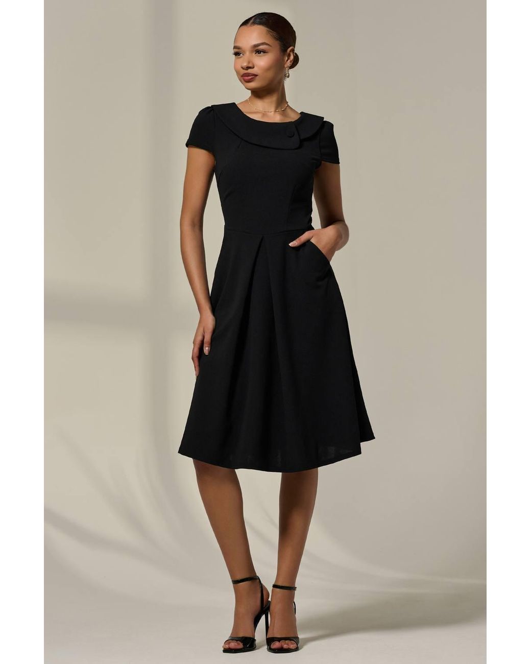 Jolie Moi Black Collared Cap Sleeve Midi Dress